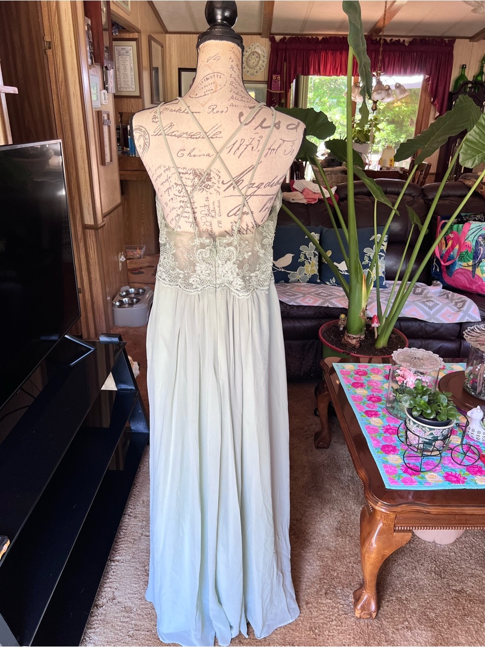 Azazie Ginger Dusty Sage A-Line Halter Pleated Chiffon Dress. - Picture 8 of 16